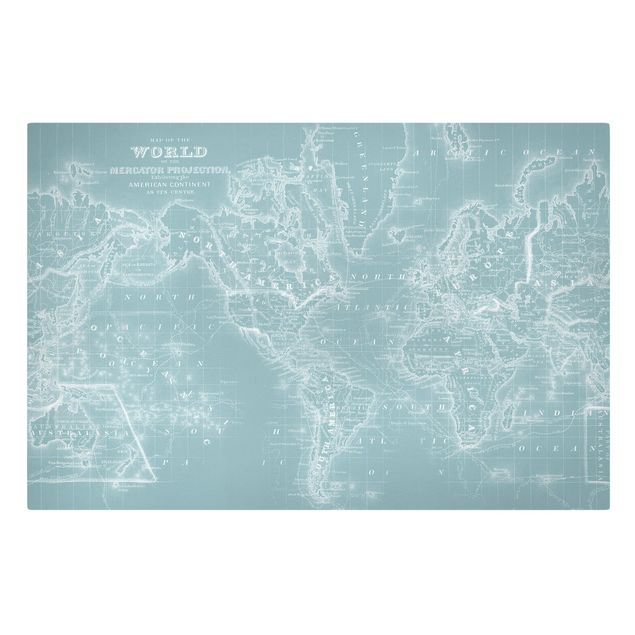 Stampa su tela - Mappa del mondo in Ice Blue - Orizzontale 3:2