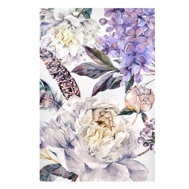 Quadro su tela - Trama di fiori delicati  e piume boho in acquerello