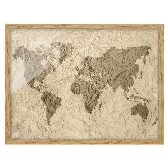 Poster con cornice - Paper World Map Beige Brown - Orizzontale 3:4