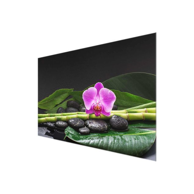 Quadro in vetro - Green Bamboo Con L'orchidea Blossom - Orizzontale 2:3