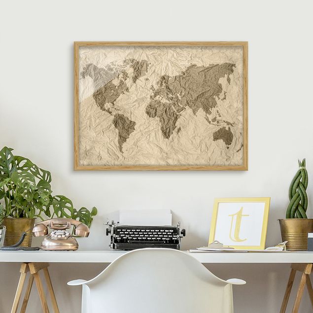 Poster con cornice - Paper World Map Beige Brown - Orizzontale 3:4