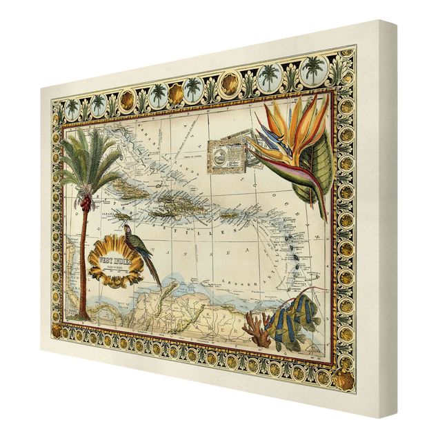 Stampa su tela - Vintage Tropical Mappa West India - Orizzontale 3:4