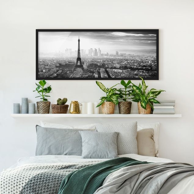 Poster con cornice - La Torre Eiffel dall'alto in bianco e nero - Panorama formato orizzontale