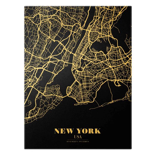 Quadro su tela oro - Pianta della città New York - Classico nero
