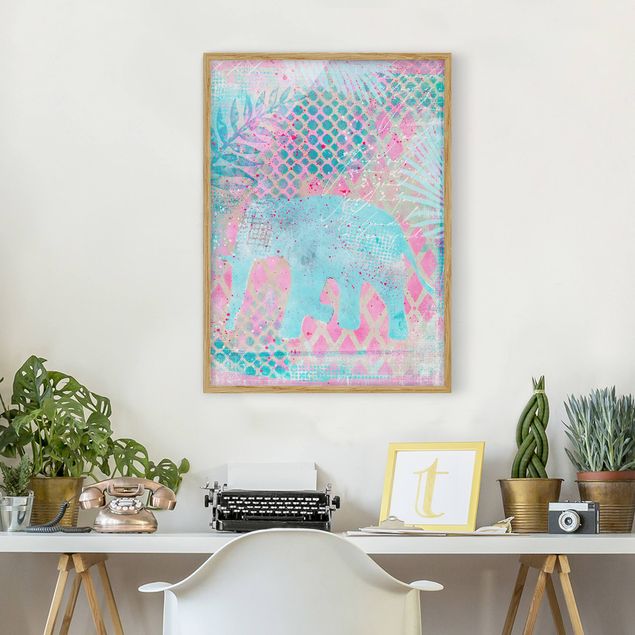Poster con cornice - Colorato collage - Elefante in blu e rosa - Verticale 4:3