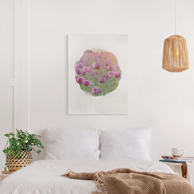 Quadri moderni per soggiorno Acquerelli - Prato di fiori di papavero viola in primavera