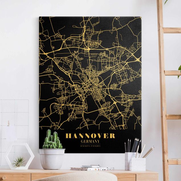 Stampe su tela oro Mappa di Hannover - Nero classico