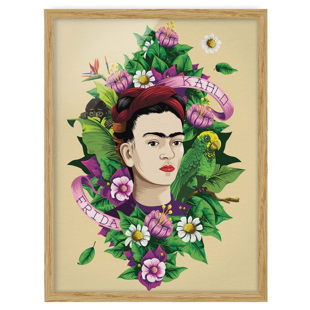 Poster con cornice - Frida Kahlo - Frida, Monkey And Parrot - Verticale 4:3