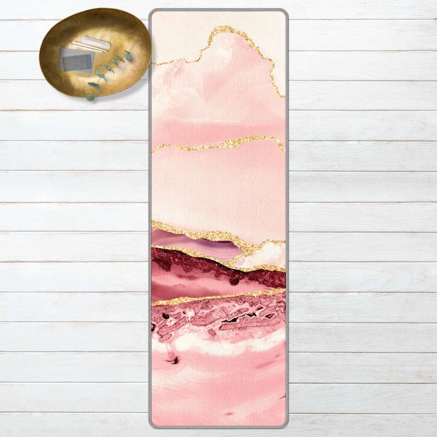 Tappeti effetto marmo Montagne rosa astratte con linee d'oro