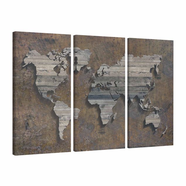 Stampa su tela 3 parti - Wooden grid world map - Verticale 2:1