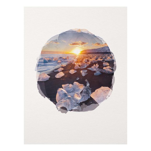 Quadro in vetro - Acquerelli - pezzi di ghiaccio sulla spiaggia Islanda - Verticale 4:3