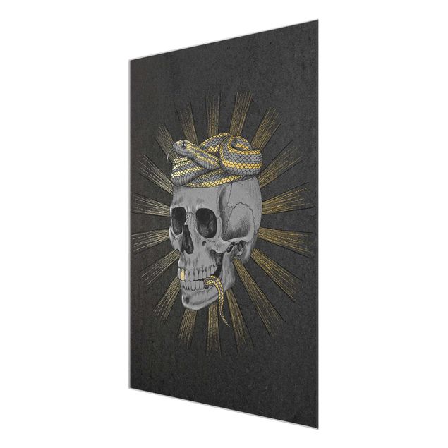 Quadro in vetro - Illustrazione Cranio e serpente Black Gold - Verticale 4:3