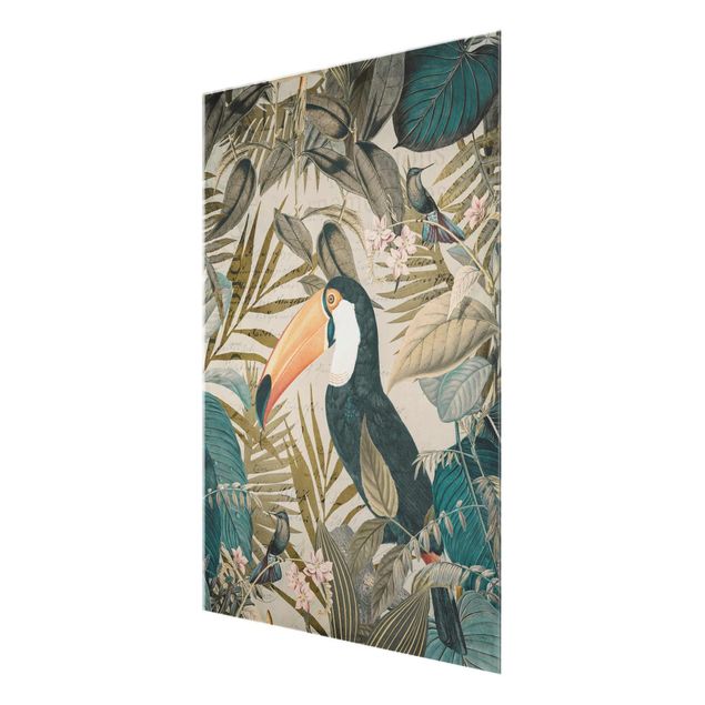Quadro in vetro - Vintage Collage - Toucan In The Jungle - Verticale 4:3