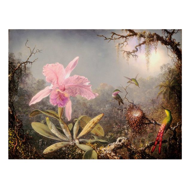 Stampe su tela vintage Martin Johnson Heade - Orchidea e tre colibrì