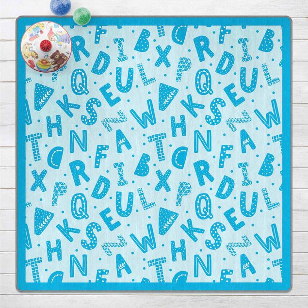 Tappeto blu soggiorno Alfabeto con cuori e puntini in blu con cornice
