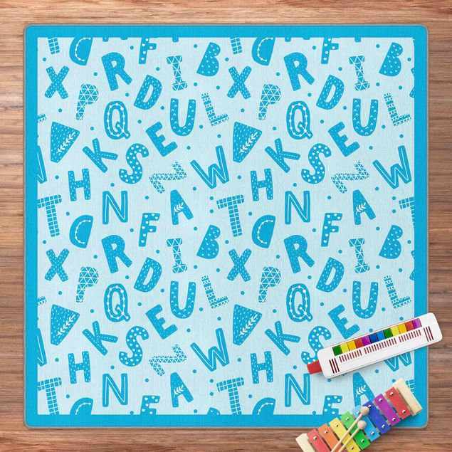 Tappeti in vinile grandi dimensioni Alfabeto con cuori e puntini in blu con cornice