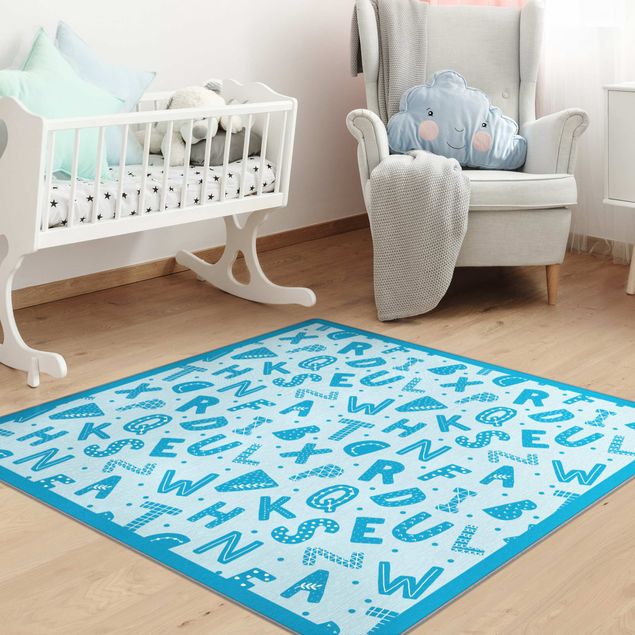 tappeti lavabili Alfabeto con cuori e puntini in blu con cornice