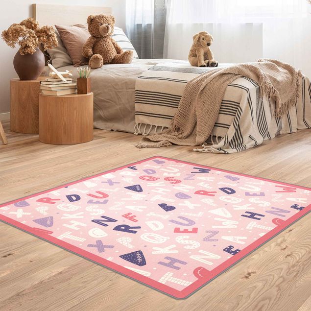 tappeti lavabili Alfabeto con cuori e puntini in rosa con cornice