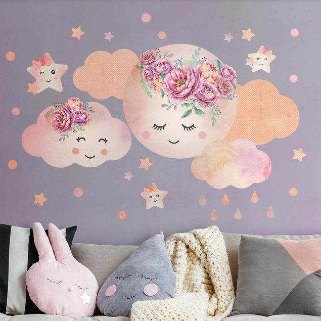 Adesivo murale - Nuvole e stelle dell'acquerello della luna con le rose