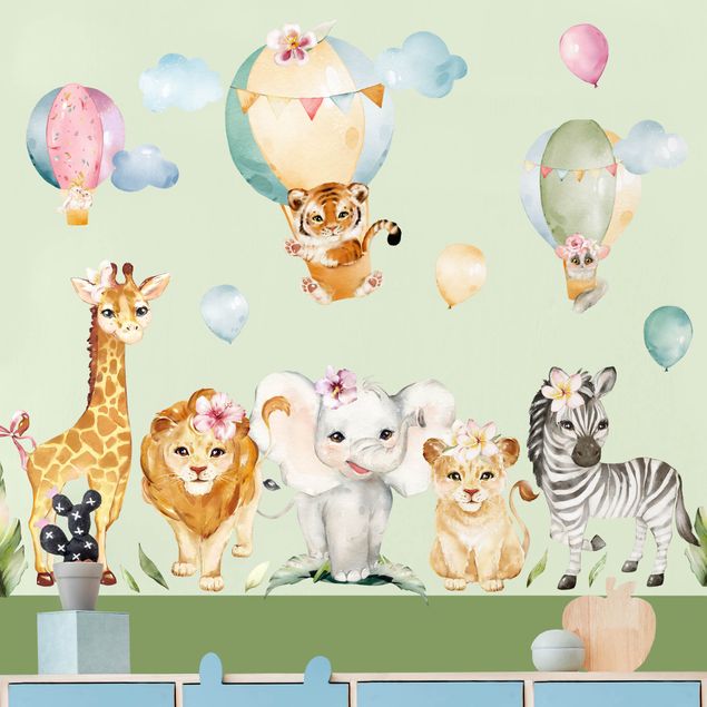 Adesivo murale - Set di animali safari e mongolfiere in acquerello