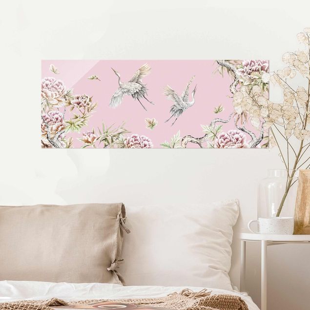 quadri con animali Acquerello Cicogne in volo con rose su rosa