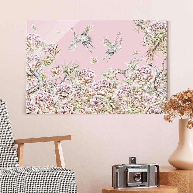 quadri con animali Acquerello Cicogne in volo con rose su rosa