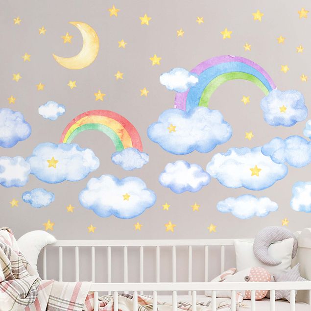 Adesivo murale - Set di nuvole arcobaleni e stelle in acquerello