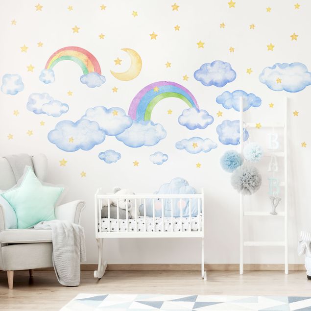 Adesivo murale - Set di nuvole arcobaleni e stelle in acquerello
