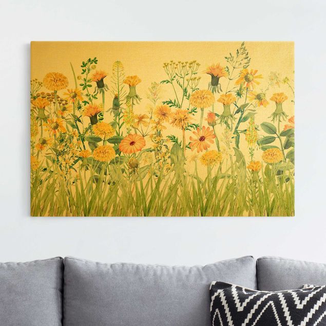 Quadro su tela fiori Prato fiorito in acquerello giallo