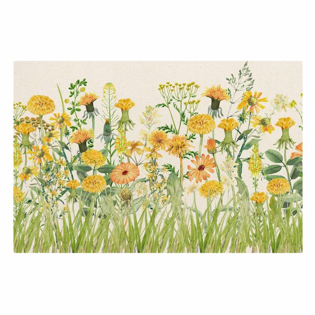 Quadro su tela naturale - Prato fiorito in acquerello giallo - Formato orizzontale 3:2