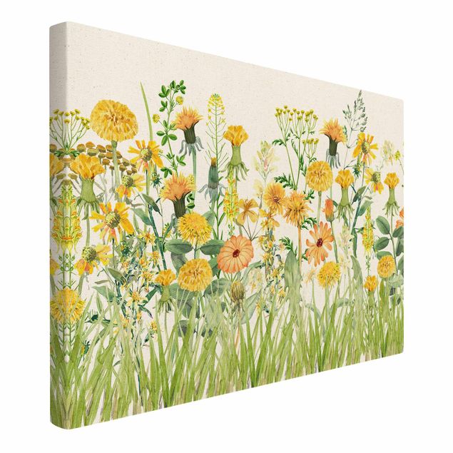 Quadro su tela naturale - Prato fiorito in acquerello giallo - Formato orizzontale 3:2