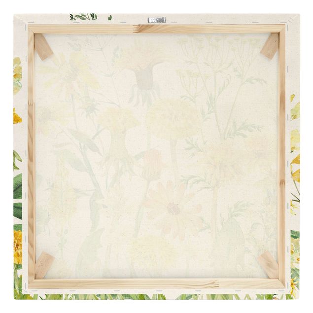 Quadro su tela naturale - Prato fiorito in acquerello giallo - Quadrato 1:1