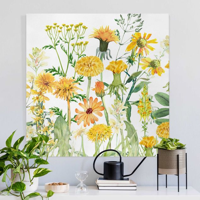 Quadri su tela fiori Prato fiorito in acquerello giallo