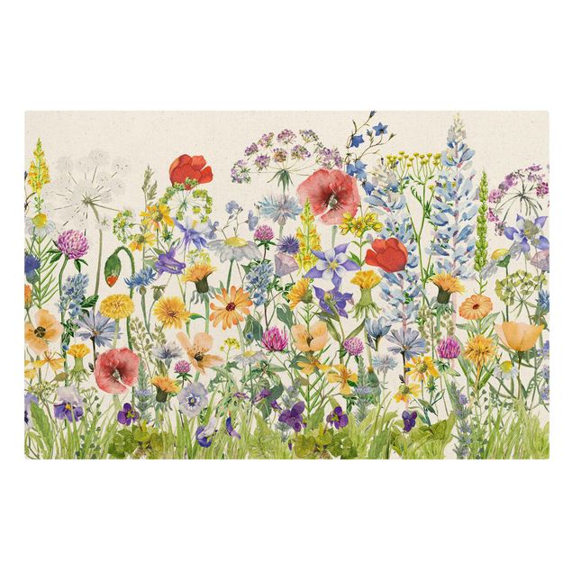 Quadro su tela naturale - Prato fiorito in acquerello - Formato orizzontale 3:2