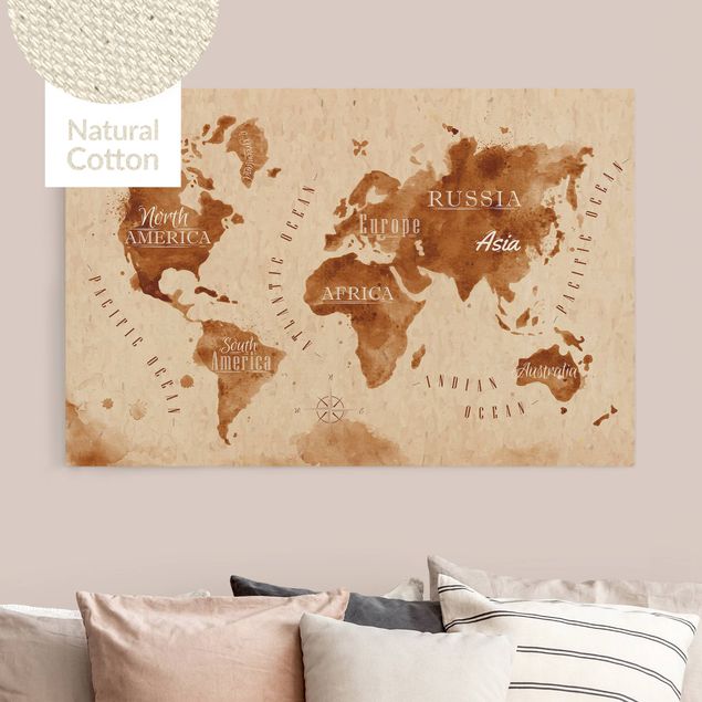 Tela mappamondo Mappa del mondo in ottica acquerello Beige Marrone