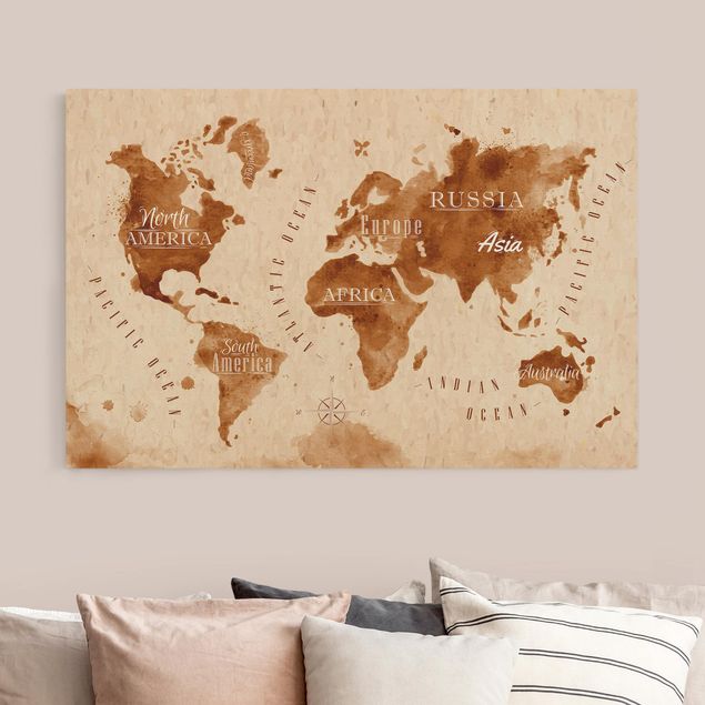 Quadri moderni per soggiorno Mappa del mondo in ottica acquerello Beige Marrone