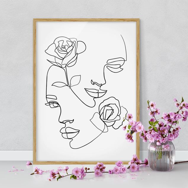 Poster con cornice - Line Art Faces donne Roses Bianco e nero - Verticale 4:3