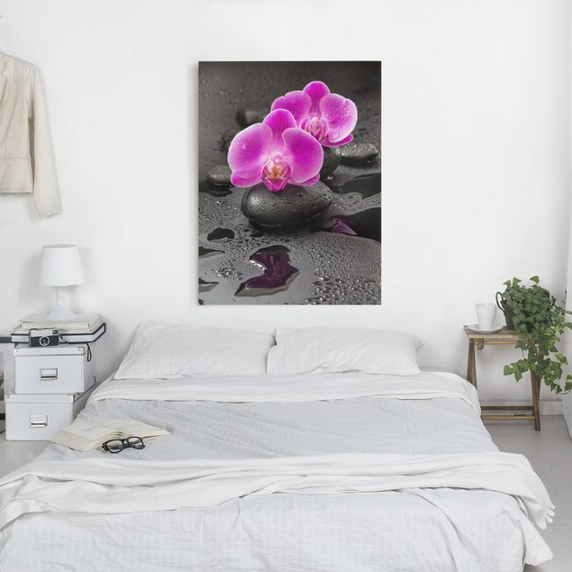 Riproduzioni su tela quadri famosi Fiore di orchidea rosa su pietra con gocce