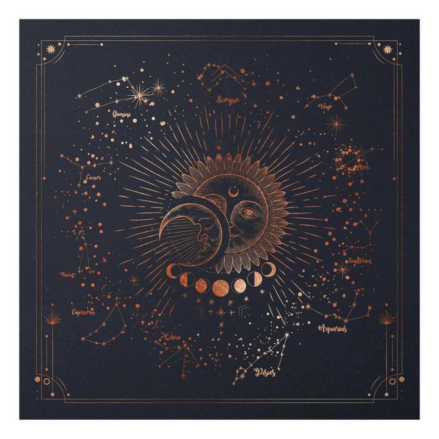 Quadro in vetro - Astrologia Sun Moon And Stars Blue Gold - Quadrato 1:1