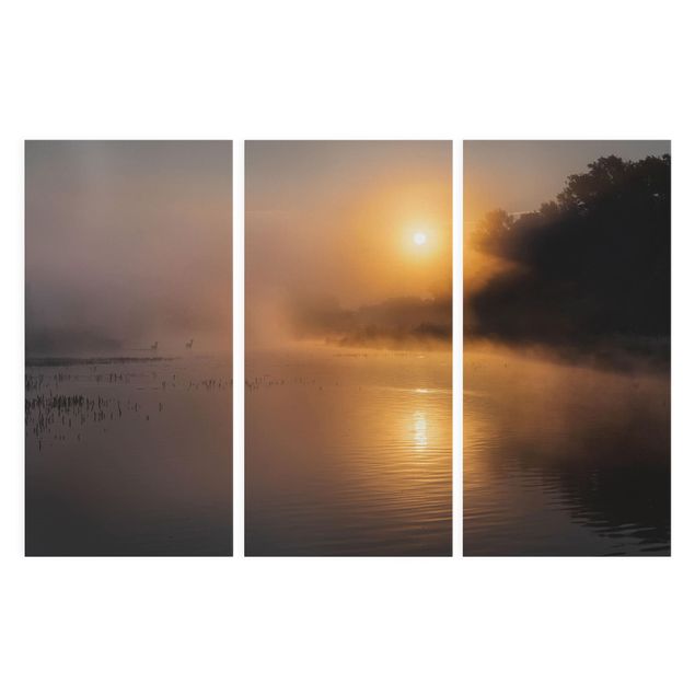 Stampa su tela Alba sul lago con cervi nella nebbia