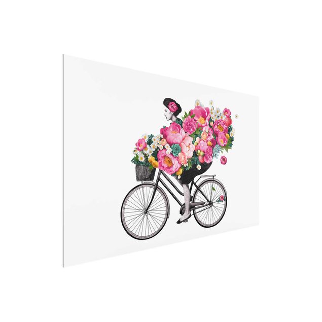 Quadro in vetro - Illustrazione Donna in bicicletta Collage fiori variopinti - Orizzontale 2:3