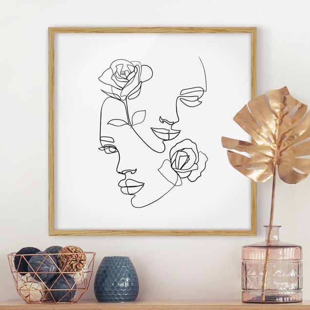 Poster con cornice - Line Art Faces donne Roses Bianco e nero - Quadrato 1:1