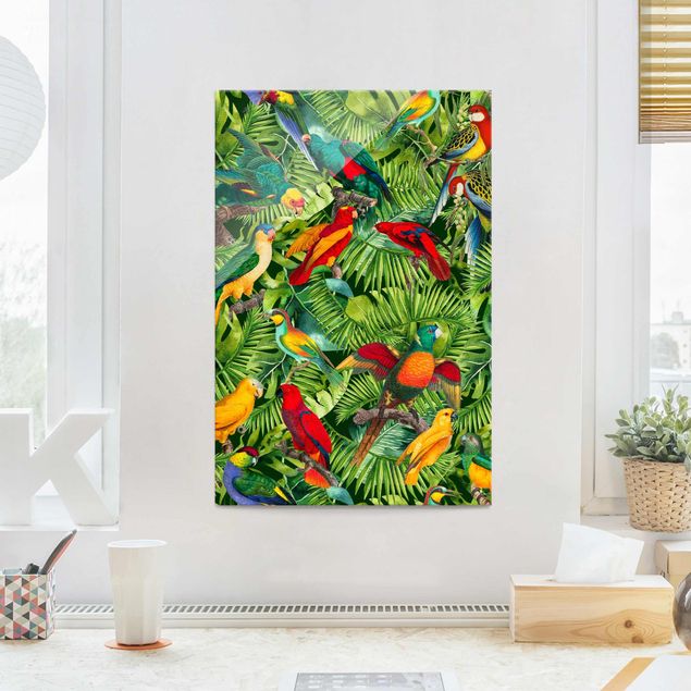 quadri con animali Collage colorato - Pappagalli nella giungla