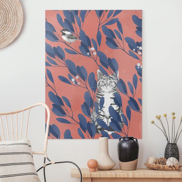 Stampe su tela Illustrazione - Gatto e uccello su ramo blu rosso
