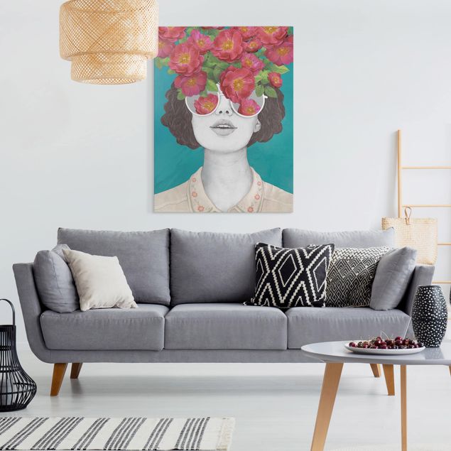 Quadri moderni per soggiorno Illustrazione - Ritratto di Donna - Collage con Fiori Occhiali