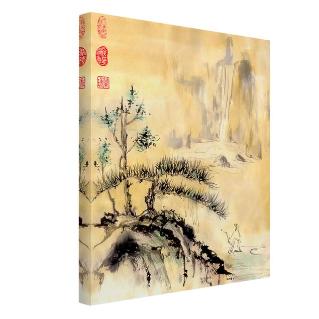 Riproduzione quadri su tela Disegno acquerello giapponese Cedri e montagne