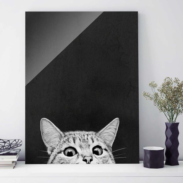 Quadro in vetro Illustrazione Gatto Bianco e nero Disegno verticale 3:4 su