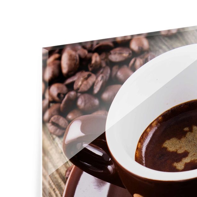 Quadro in vetro - Fagioli della tazza di caffè con il caffè - Quadrato 1:1
