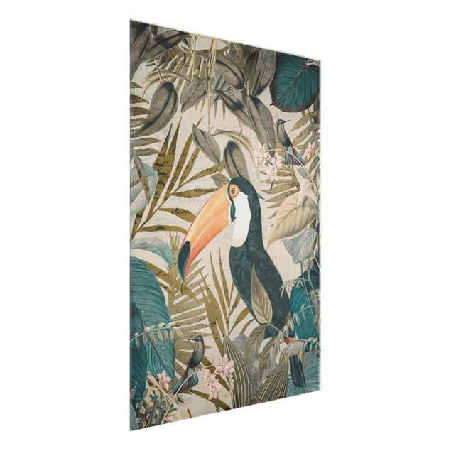 Quadro in vetro - Vintage Collage - Toucan In The Jungle - Verticale 4:3