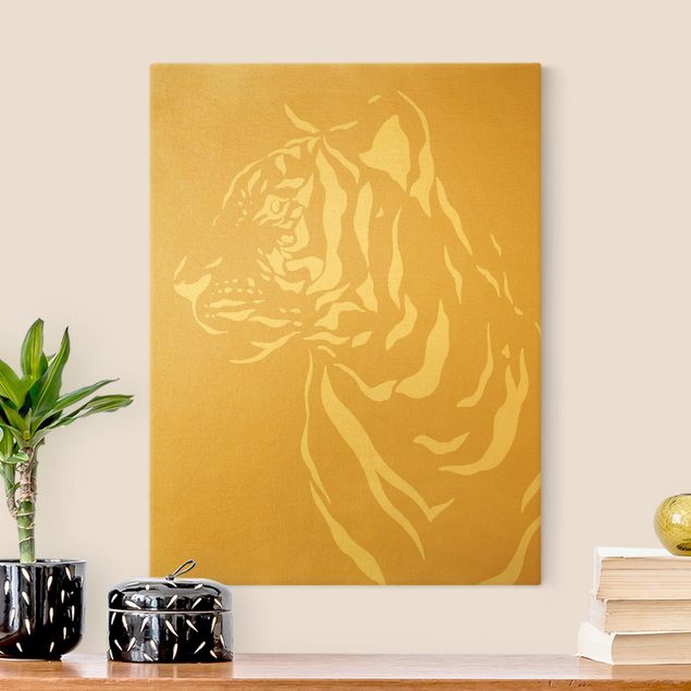 Stampa su tela oro Animali del Safari - Ritratto di tigre beige